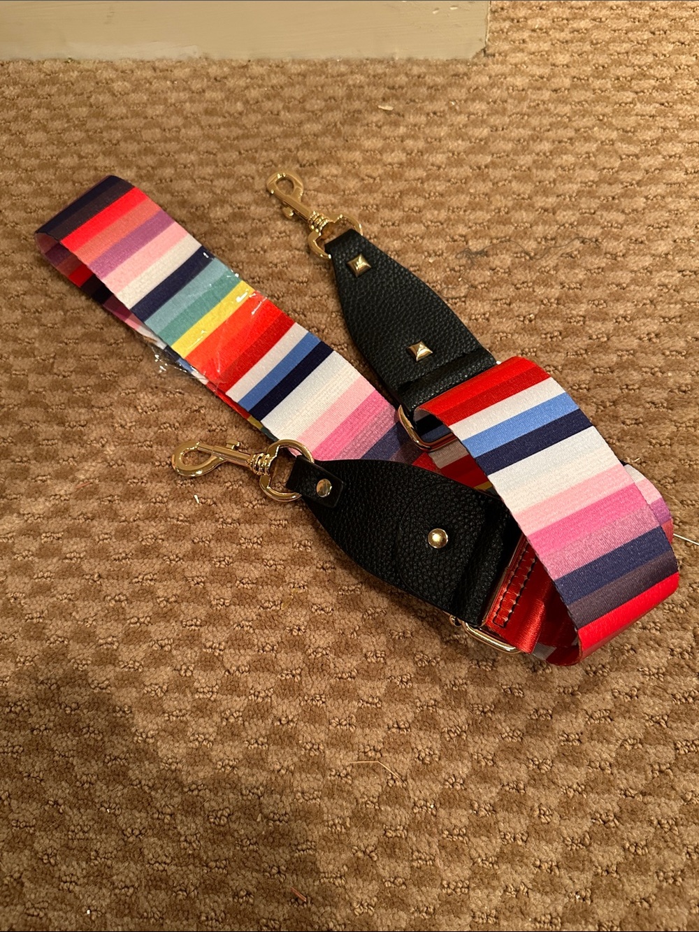 Adjustable Rainbow Striped Crossbody Strap with Black Leather Ends